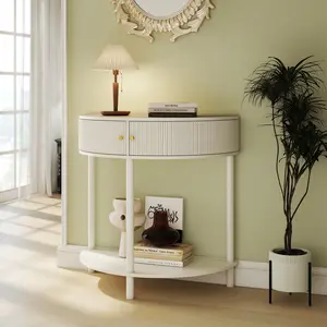 Artisan Demi Moon Console Table with Drawers, Cream White Entryway Table, Half Moon Sofa Table with Storage Shelf, Modern Narrow Hallway Table for Living Room Bedroom