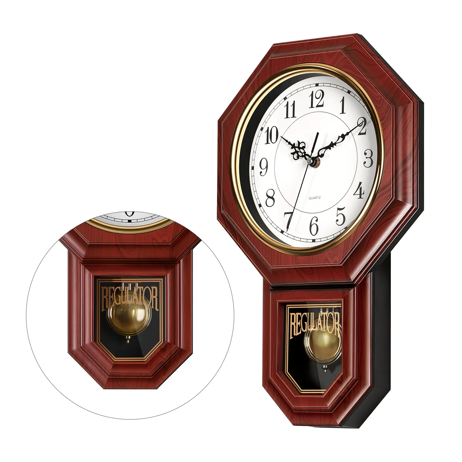 Vintage Red Brown Faux Wood Grain Octagon Analog Wall Clock with Large Easy-Read White Dial, Quartz Accurate Timekeeping, Battery-Operated, Easy-To-Hang Pendulum for Living Room Farmhouse Home Decor