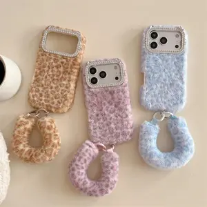 Luxury Leopard Print Diamond Warm Fluffy Plush Phone Case For iPhone 17 Air 16 15 14 13 Pro Max With Bracelet Shockproof Cover