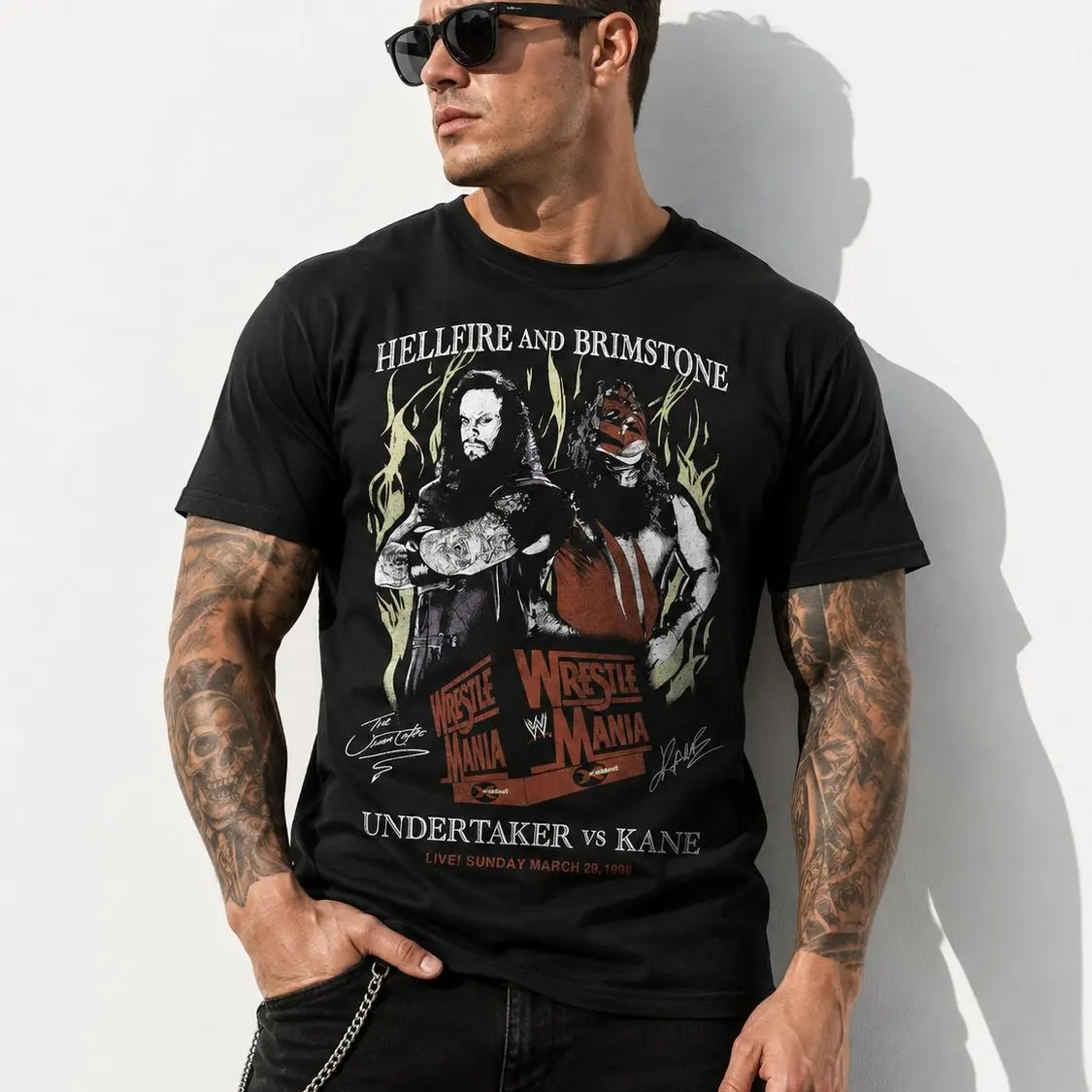 The Undertaker vs Kane Graphic T-Shirt, Goodie Two Sleeves Brothers of Destruction Design, Attitude Era Rivalry Fanwear, Men's Black Tee
