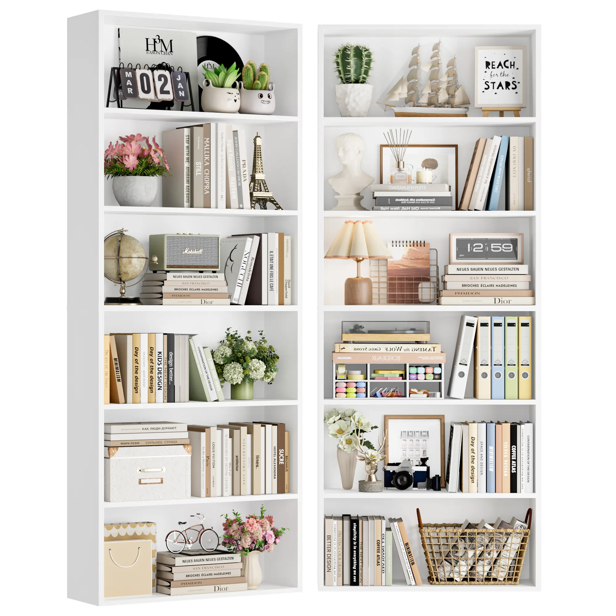 FOTOSOK 70.8" Tall Bookcase Shelf, 6 Tier Wide Bookshelf with Storage, Billy Bookcase Set of 2, Large Bookshelf for Living Room, Home Office