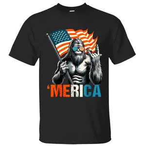 Bigfoot Merica Rock American Flag Patriotic 4th Of July T-Shirt, Sasquatch Lovers Independence Day Front Design Unisex Cotton T-shirt for Men for Women Menswear Womenswear Top