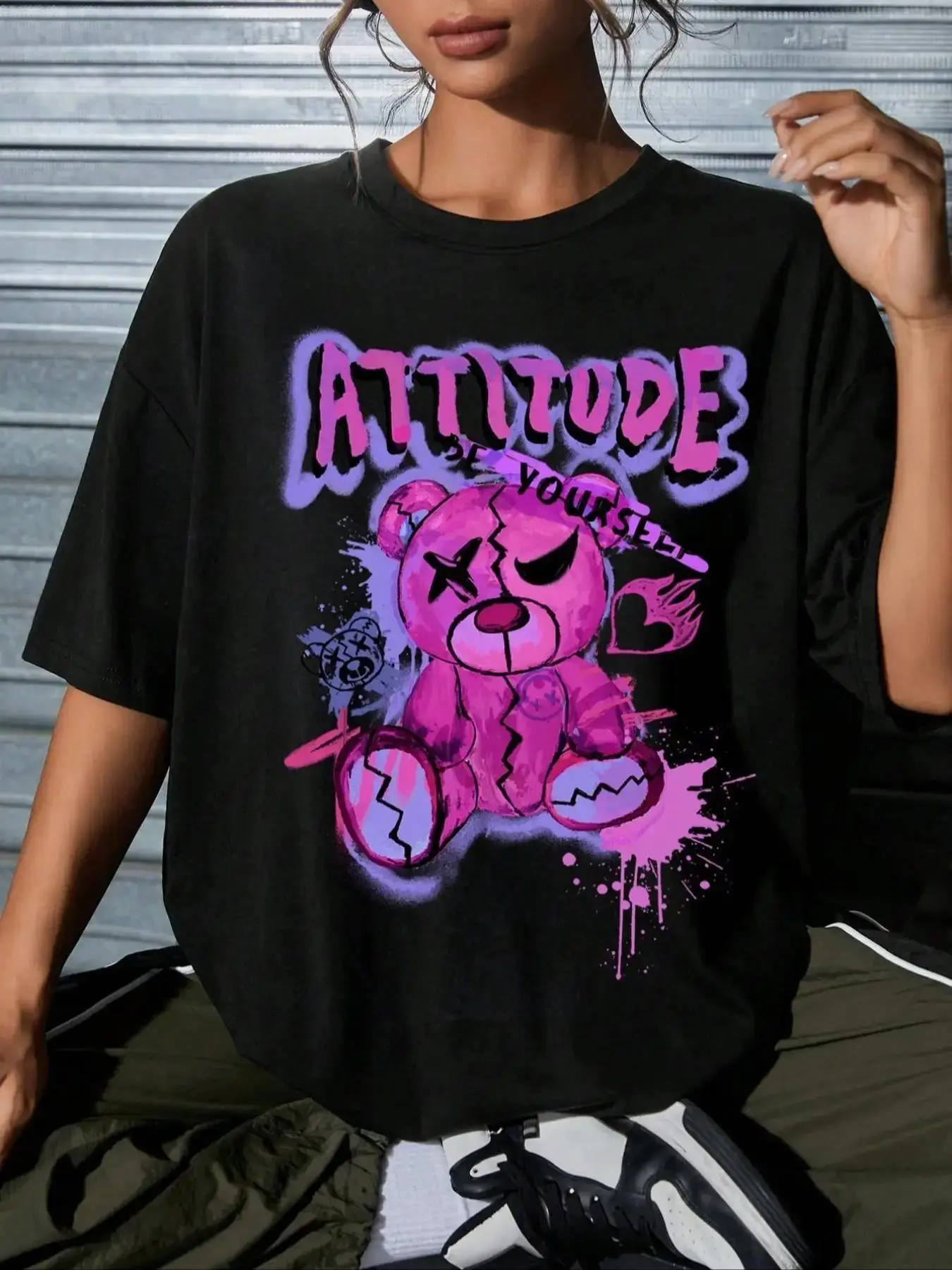 Attitude Be Yourself Broken Teddy Bear Graphic T-Shirt, Y2K Grunge Pink Spray Paint Print Tee, Oversized Casual Short Sleeve Top, Edgy Streetwear Goth Cotton Shirt for Women, Trendy Alt Outfits and Everyday Wear