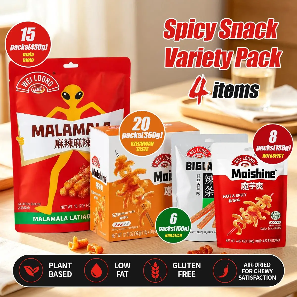 WEI LOONG Spicy Snack Variety Pack, 4 Items | Mala Latiao + Szechwan Konjac + Biglatiao + Hot & Spicy Moishine, Chewy Plant-Based Asian Snacks  backtoschool