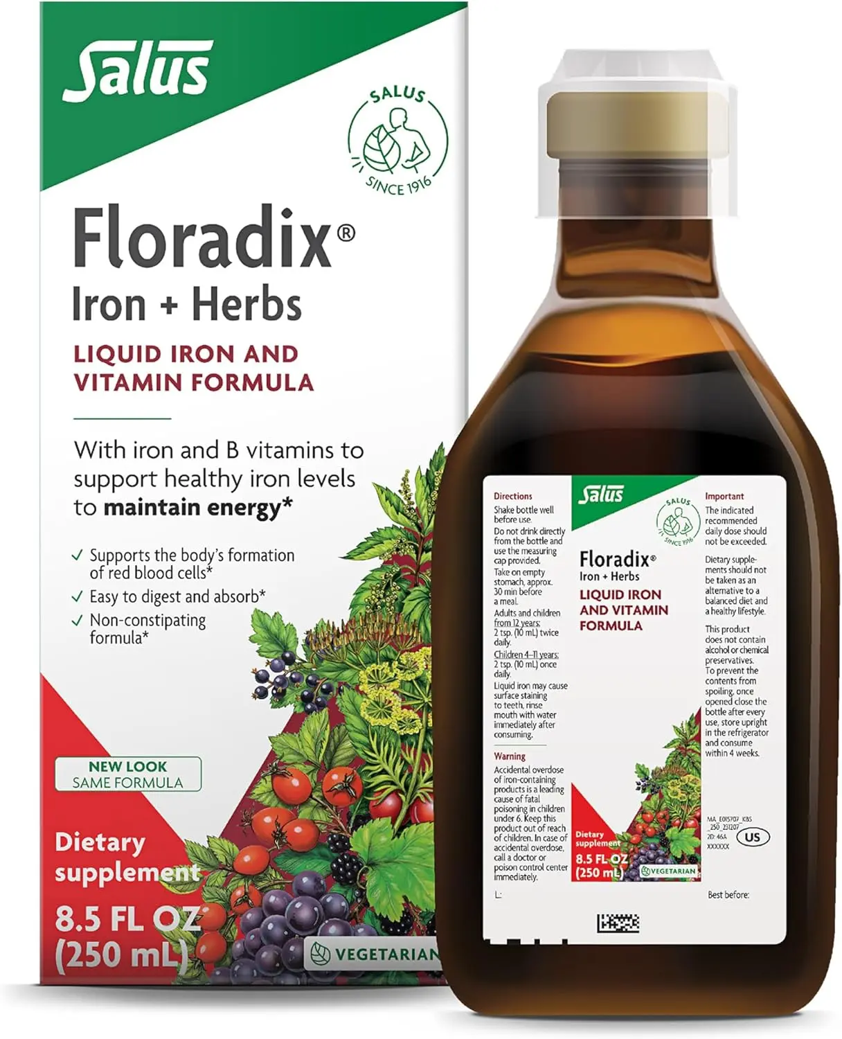 Floradix Iron & Herbs - Liquid Herbal Supplement for Energy Support - Iron Supplement with Vitamin C & Vitamin B Complex - Ferrous Gluconate Iron - for Men & Women - 8.5 fl oz