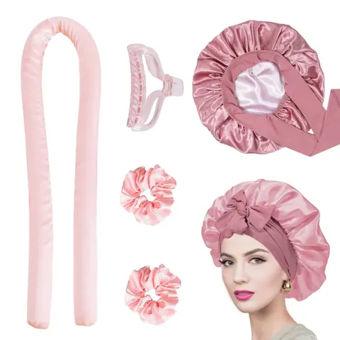 GJFTP Women's Heatless Hair Styling Kit for Adults - Silk Bonnet, Curl Rods, Soft Flannel Headband, Satin-Lined Sleep Cap for Bouncy Results (Overnight Home Use, Christmas/Birthday Gift for Daughter, Hair Styling Accessories)