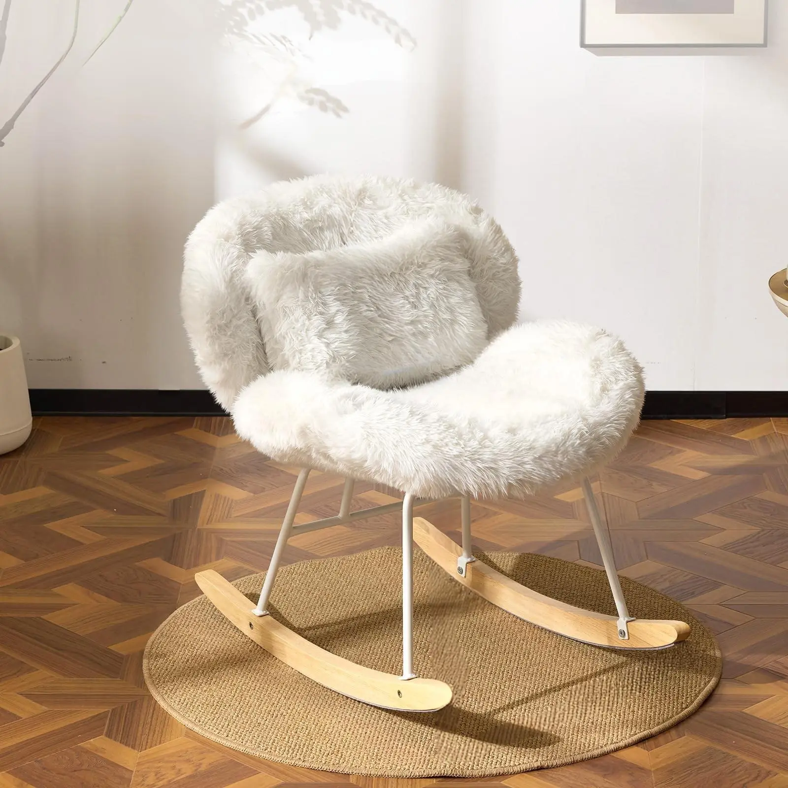 Teddy Fleece Single Seat Nursery Rocking Chair - 115° Reclining Armless Glider with Pillow, Solid Wood Frame for Indoor Bedroom Use, Glide, Single Seat Chair