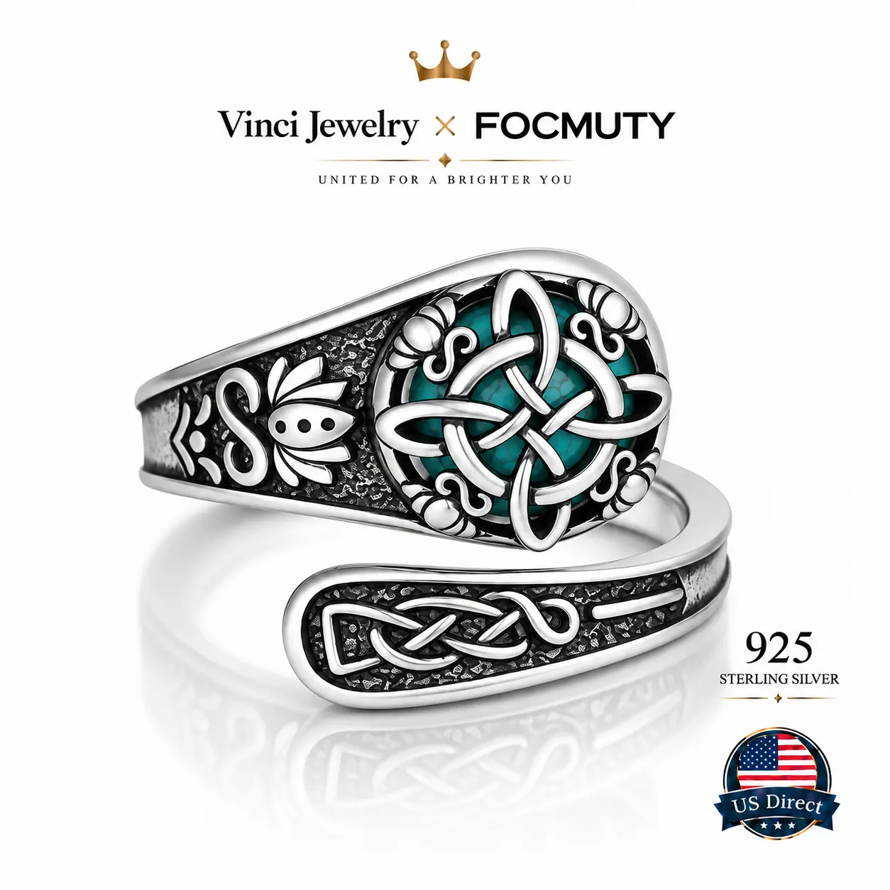 FOCMUTY 925 Sterling Silver Synthetic Turquoise Celtic Knot Open Ring, Vintage Spoon Ring Thumb Ring Unisex, Witch Knot Design, Witchtok Pagan Jewelry,Mother's day Gift