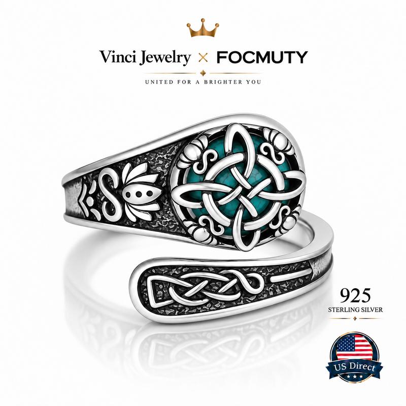 FOCMUTY 925 Sterling Silver Synthetic Turquoise Celtic Knot Open Ring, Vintage Spoon Ring Thumb Ring Unisex, Witch Knot Design, Witchtok Pagan Jewelry,Mother's day Gift