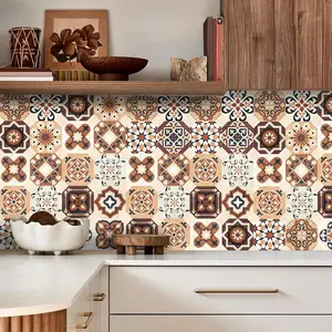 Retro European Square Flower Tile Pattern Kitchen Wall Sticker, Self-Adhesive Waterproof Non-Slip Decorative Tiles for Bathroom Floor, Balcony Renovation, Home Decor