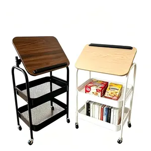 Rolling Side Table with Adjustable Desktop, Mobile Bedside  Cart with Wheels, 2 Tier Organizer Shelf for Bedroom Sofa Couch Small Spaces, Portable Laptop Table with Tablet Holder for iPad Phone Study Reading
