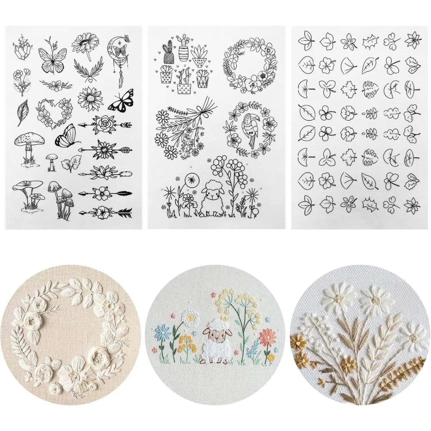 75 count Stick and Stitch Embroidery Paper Designs 3 Sheets A4 Water Soluble Stabilizer for Embroidery Patterns Adhesive Embroidery Transfer Paper with Pre-Printed Flower Leave Butterfly for Hand Sewing