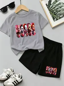 Summer Children's Short-Sleeved Set Halloween, Horror Movie Accessories:Freddy/Chucky/Jason-Sketch-Style Printed T-Shirt+Shorts Set, Boys And Girls Daily Outdoor Cool And Casual Multi-Purpose Sports Wear, Gift, Essential For School