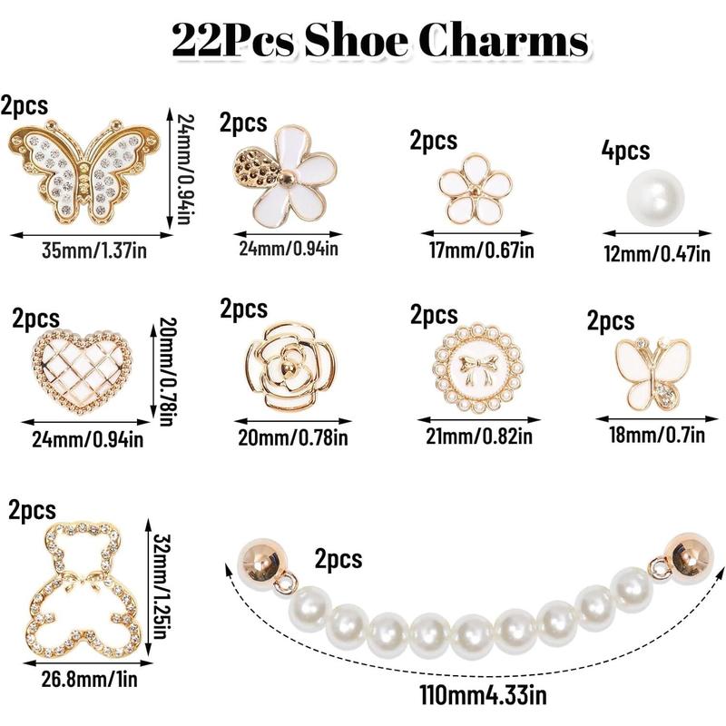 22 Pcs Bling Shoe Charms Chain Accessories for Women Pearl Flower Butterfly Clog Shoe Decoration Charms Rhinestone Shoes Charms Bling Cute Decor for Party Birthday Footwear Bedroom