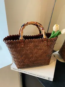 2026 New American Country Straw Bag, Vintage Versatile Woven Handbag, Bamboo Handle Basket Purse, Pure Beach Vacation Handmade Weaving