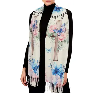 Prayer Shawls For Women Religious Christian Gifts Grandma Mom Inspirational  Pashmina Scarf Wrap ( Butterfly Blue Red)