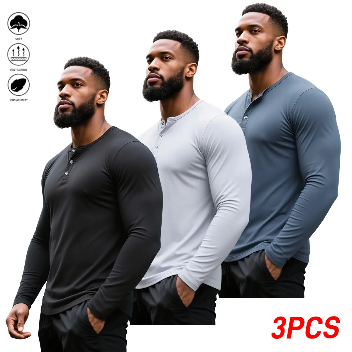 3pcs Men'S Solid Color Henley Collar Long Sleeve Shirt Set | Versatile Summer Casual Sports T-shirt, Round Neck Design, Multiple Available, Suitable for Daily Work Travel Gym Outdoor Active Fall Spring Layering Essentials Basic Set Style
