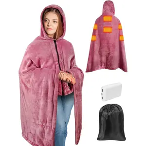 Cordless Electric Heated Blanket with Hood, Rechargeable Shoulder Heater Shawl with USB Battery Power Bank, 3 Heating Level Portable Cozy Flannel Heated Throw for Mom/Dad (Purple)