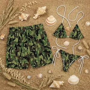 Matching Women Silhouette Camo Swimwear Set, Couple Bikini and Swim Trunks, Camouflage Beach Outfit, Gift for Her