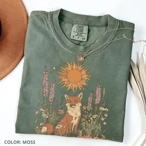 Comfort Colors Vintage Cute Folklore Fox Flower TShirt, Celestial Wildflower Tee, Cottagecore Tee for Nature Lovers, Forestcore Botanical Cotton Fabric Womenswear