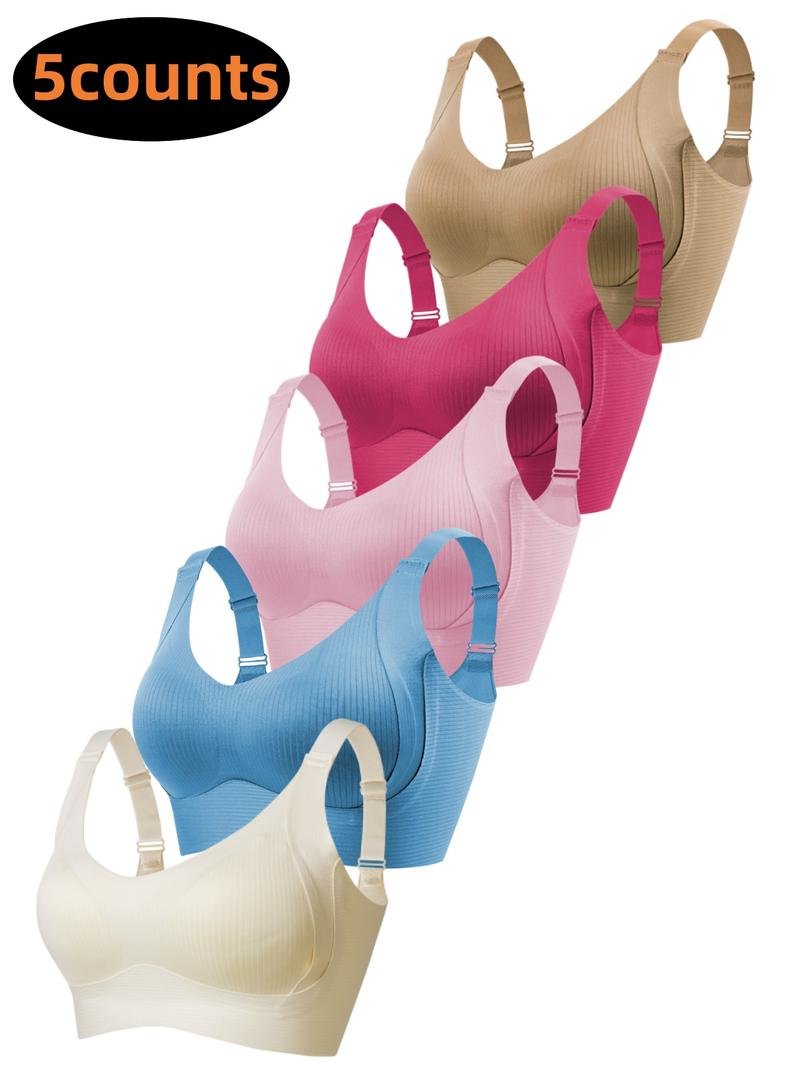 5/6Pack Solid Color Push Up Wireless Bra, Comfortable Breathable Lingerie For Everyday Wear