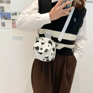 Cow Print Mini Canvas Crossbody Bag, Cute Milk Pattern Casual Shoulder Purse, Trendy Lightweight Small Backpack for Women Daily Use