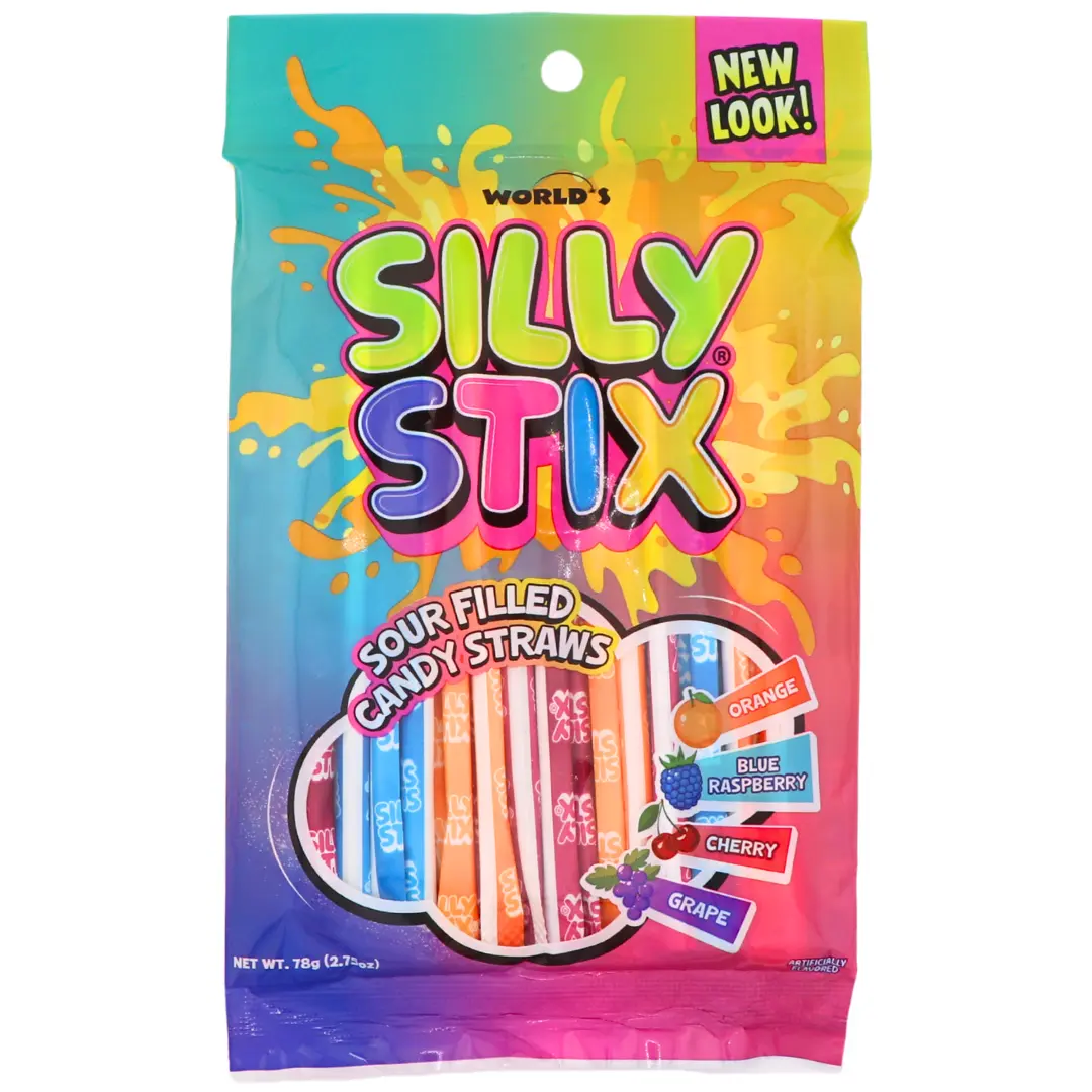Silly Stix Sour Powder Candy Straws, Orange, Blue Raspberry, Cherry & Grape, 2.75 oz Bag