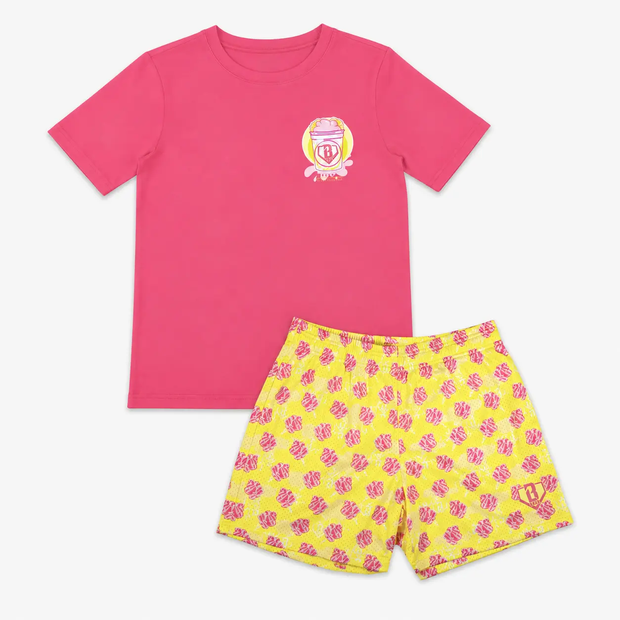 BL101 Pink Candy Dreams Graphic T-Shirt & Yellow Printed Shorts Set for Adults & Youth, Casual Matching Outfit