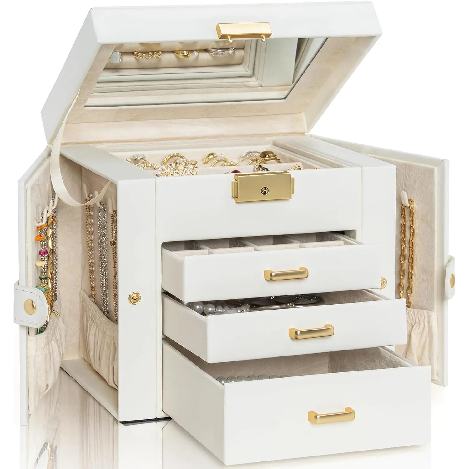 Women's Modern Glam Freestanding Rectangle Velvet Home Jewelry Organizer - Large-4 Layer Durable Lockable Faux Leather Storage Box with Key Lock, 3 Lockable Drawers, Mirror (White), Interior Lock Box