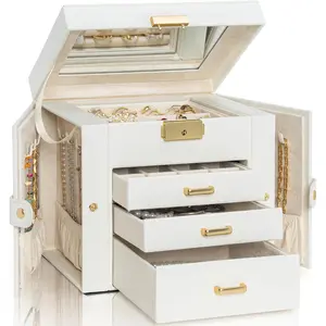 4-Tier Jewelry Box Leather Jewelry Storage Organizer with 3 Drawers Lockable for Women Girls Ring Necklace Earring Bracelet Holder with Mirror White