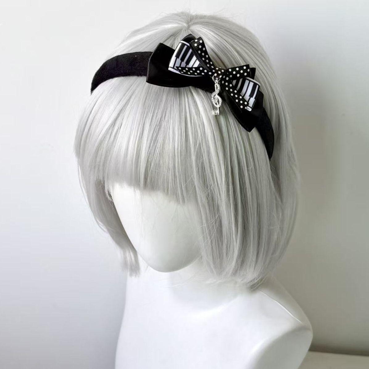 Y2K Black White Polka Dot Piano Key Bow Music Note Headband Cute Gothic Hair Accessory