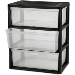 Wide 3-Drawer Plastic Storage Tower Organizer, Clear Removable Bins with Black Frame, 25.25" High, Drawer Stops & Integrated Handles for Closet, Bedroom, Craft Room, and Dorm Organization