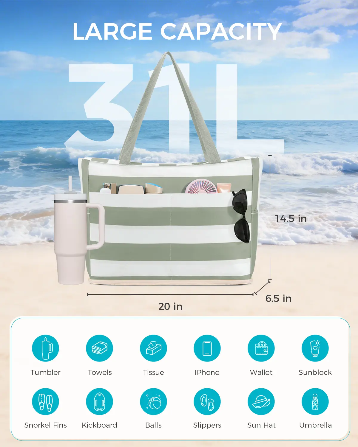 Beach Bags for Women, Large Waterproof Sandproof Beach Tote Bag with Zipper Family Pool Bags with 40oz Tumbler Pocket, Swim Cruise Vacation Essentials  | 40oz Tumbler Pocket