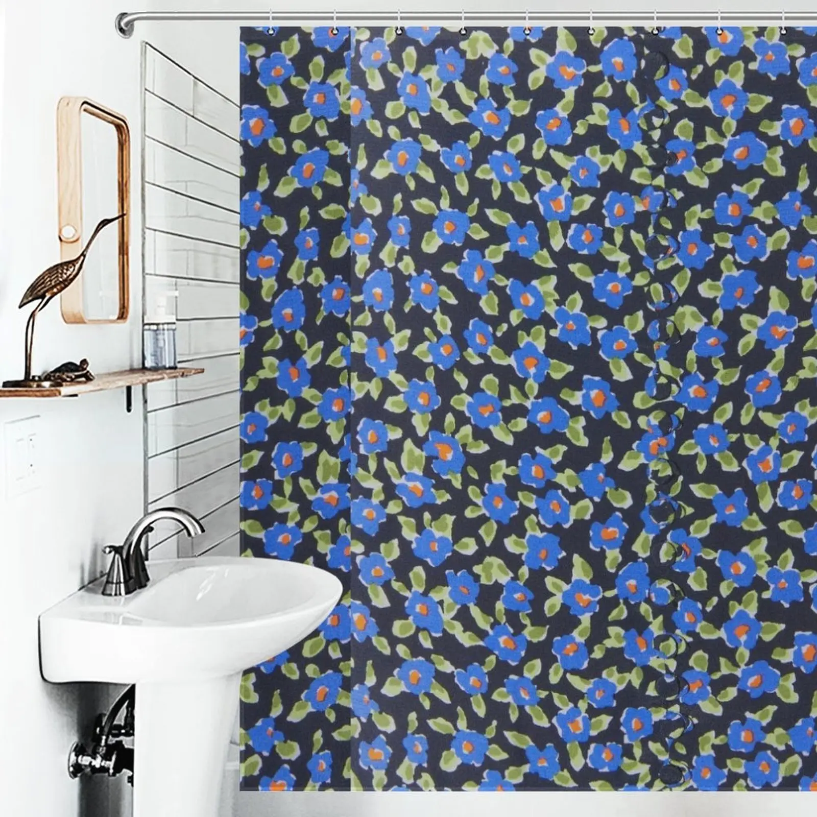 Vintage Blue Green Floral Shower Curtain, Retro Botanical Print Waterproof Bath Curtain, Boho Cottagecore Bathroom Decor, Cute Flower Bath Accessory with Hooks