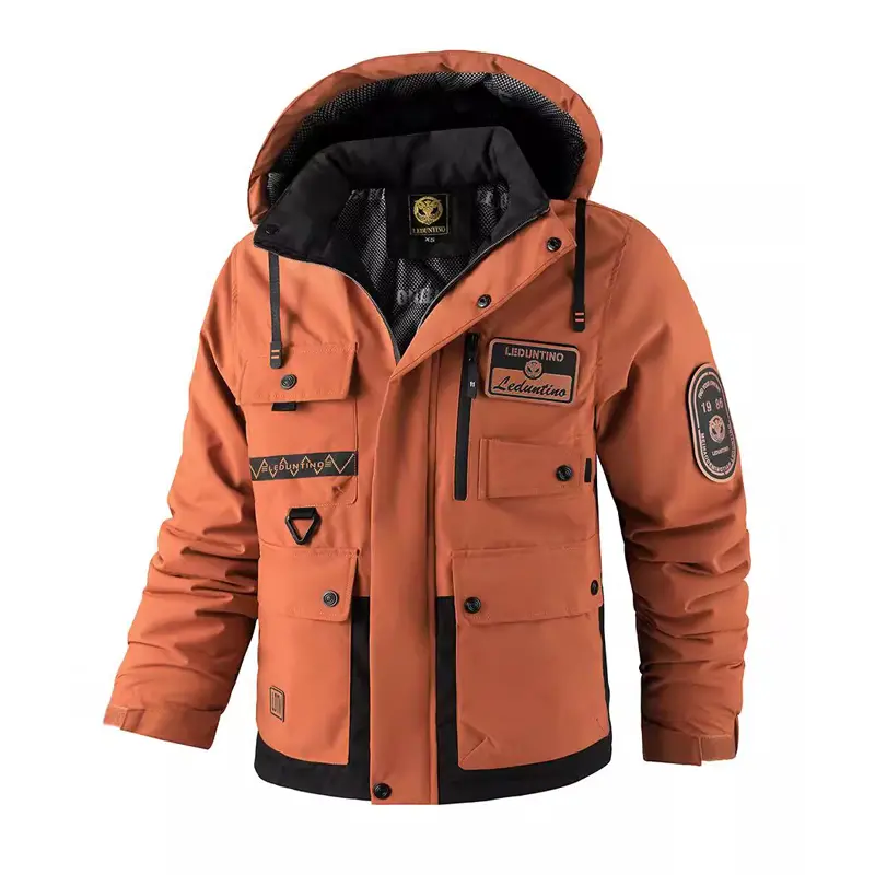 Men's Winter Warm Cotton Padded Knit Hooded Windbreaker Jacket - Stylish Long Sleeve Thick Thermal Regular Length Standard Fabric Full-Zip Casual Tops Coats with Zipper Decoration, Pockets for Mountain Skiing