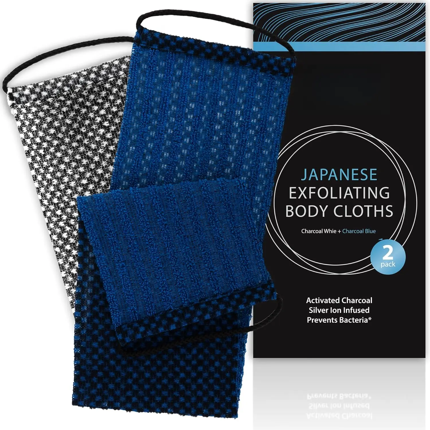 Washcloth for  &  2-Pack - Charcoal &  Ion  Towel with Handles - Two-Sided Gentle Exfoliation & Deep Cleanse  Wash Cloths for  - 1 White, 1 Blue