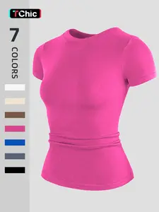 Women's Sporty Slim-Fit Yoga Short sleeve Top, Elastic Breathable Fabric, Plain Pattern XXL Size, All Season Wear, Athletic Yoga Shirts