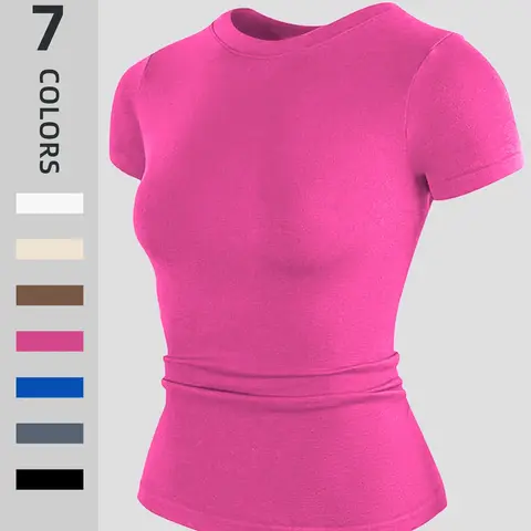 Women's Sporty Slim-Fit Yoga Short sleeve Top, Elastic Breathable Fabric, Plain Pattern XXL Size, All Season Wear, Breathable Workout Tops, Sports Top