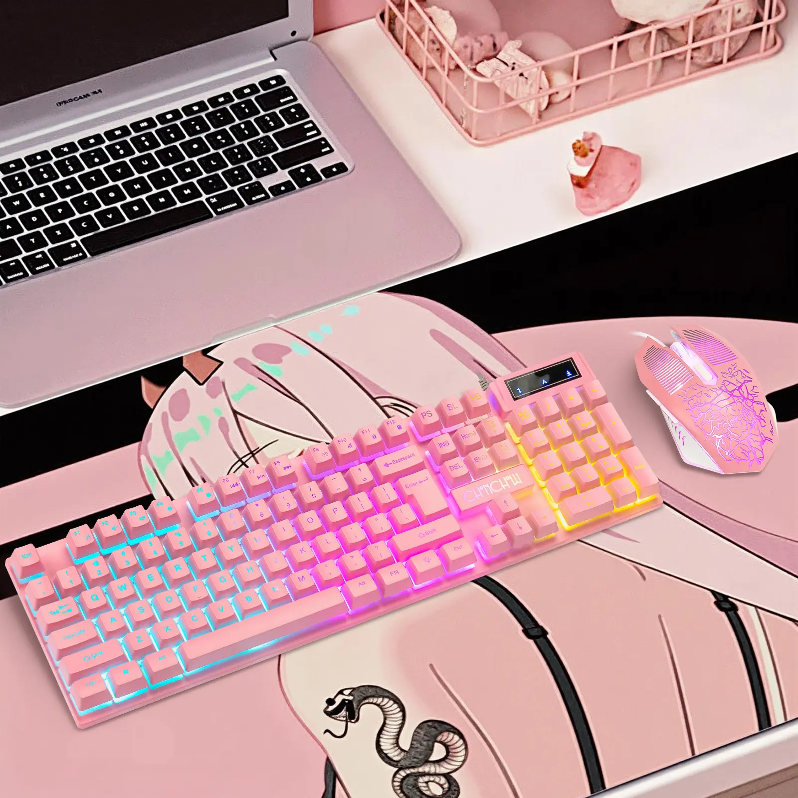 Wired Pink Gaming Keyboard and Mouse Combo with LED Backlit for PC Laptop Multimedia Function Keys, 19 Key Anti-ghosting, Number Pad, 104 Keys Light Up Keyboard & RGB Mouse Set for Computer PS5 Xbox