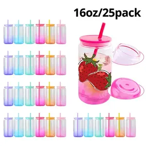 25 Pack 16oz Jelly Ombre Sublimation Glass Cups with Colored Plastic Lids and Straws, Transparent Gradient Drinkware Bottles