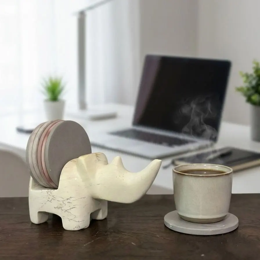 Rhino Shaped Coaster Holder with 6 Round Coasters, Soapstone, White, Table Decor