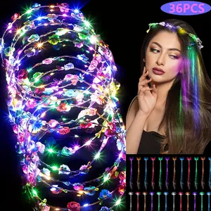 36 Pieces Mother's Day LED Light Up Headdresses, Including 12 Light Up Garlands, 24 Light Up Braids for Graduation Party, Cosplay, Wedding, Birthday Party, Glow-in-the-Dark Party Supplies Set Flower Mask Photo Decoration