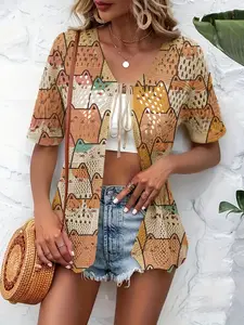Elegant Boho Style Short Sleeve Knit Cardigan, Cat Print Shell Edge Tie Front, Casual Bikini Cover Up, Summer Beachwear