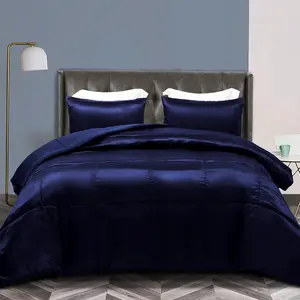3-Silky Queen Comforter, Luxurious Satin Comforters Full Size with 2 Satin Pillowcases, Lightweight Duvet for Seasons, Navy
