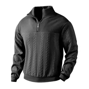 Men's Casual Stand Collar Zipper Pullover Sweater Coat, Loose Knit Jacquard Jacket for Fall & Winter, Heavyweight Long Sleeve Sweatshirt