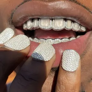 2pcs/ set Iced Out Golden Silvery Color Plated 10 Top 10 Bottom Open Face Grills Dental Teeth Grillz for Men Women Body Jewelry