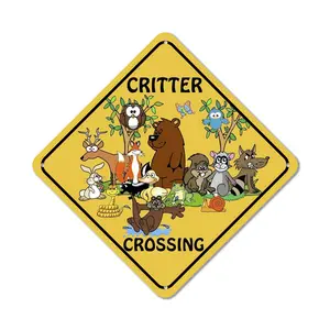 Critter Crossing sign Caution Yellow Metal Sign Indoor and Outdoor Sign for home bar garden backyard fence wall decoration, 8x8 inch warning sign