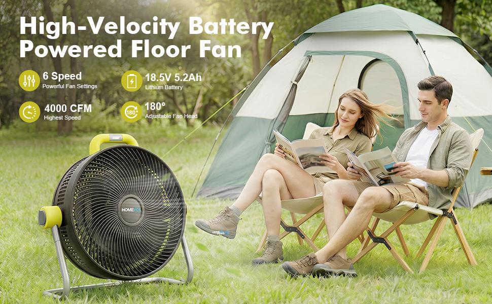 HOMEVOL 20 Inch High Velocity Cordless Floor Fan, 18.5V 5.2Ah Rechargeable Battery Powered 4000 CFM Industrial fan with Carry Handle & Led Light, 6-Speed, 180° Adjustable Tilt, Up to 30 Hours, UL Listed