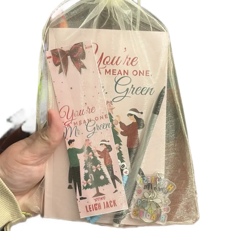 You’re A Mean One, Mr. Green book box with keychain, bookmark, bracelet, and pen