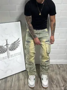 Men's Vintage Skinny Jeans, Slim Fit Multi-Pocket Workwear Pants, Casual Loose-Fitting Plain Denim Trousers for All Seasons
